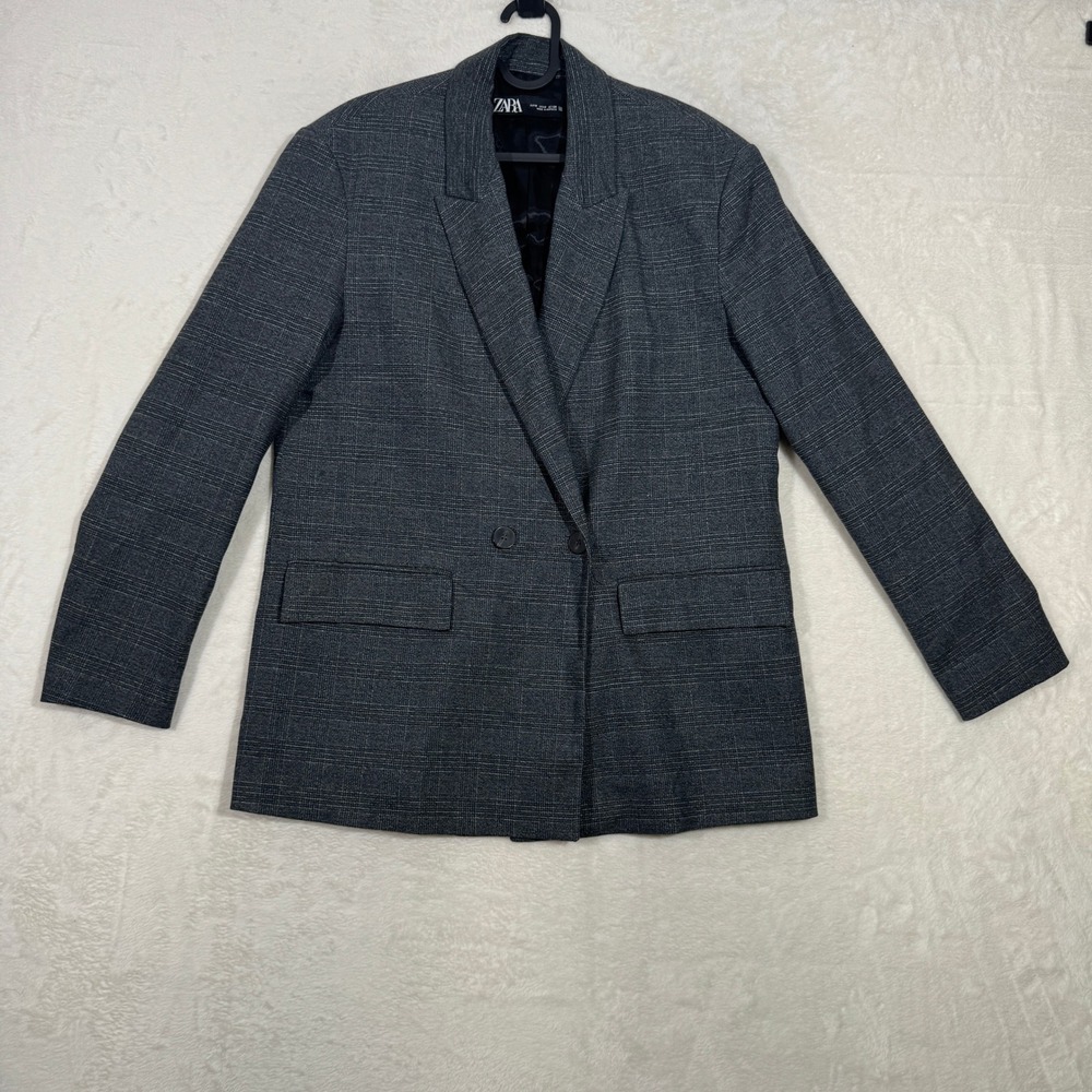 Zara Blazer Womens Medium Grey Glen Check Plaid Double‎ Breasted Tailored Jacket